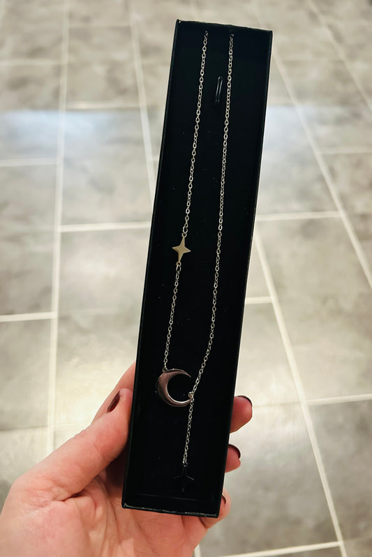 Celestial Star and Moon necklace - Silver